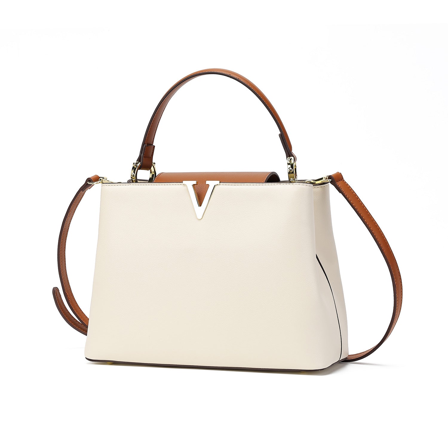 Beige Structured Top-Handle Bag